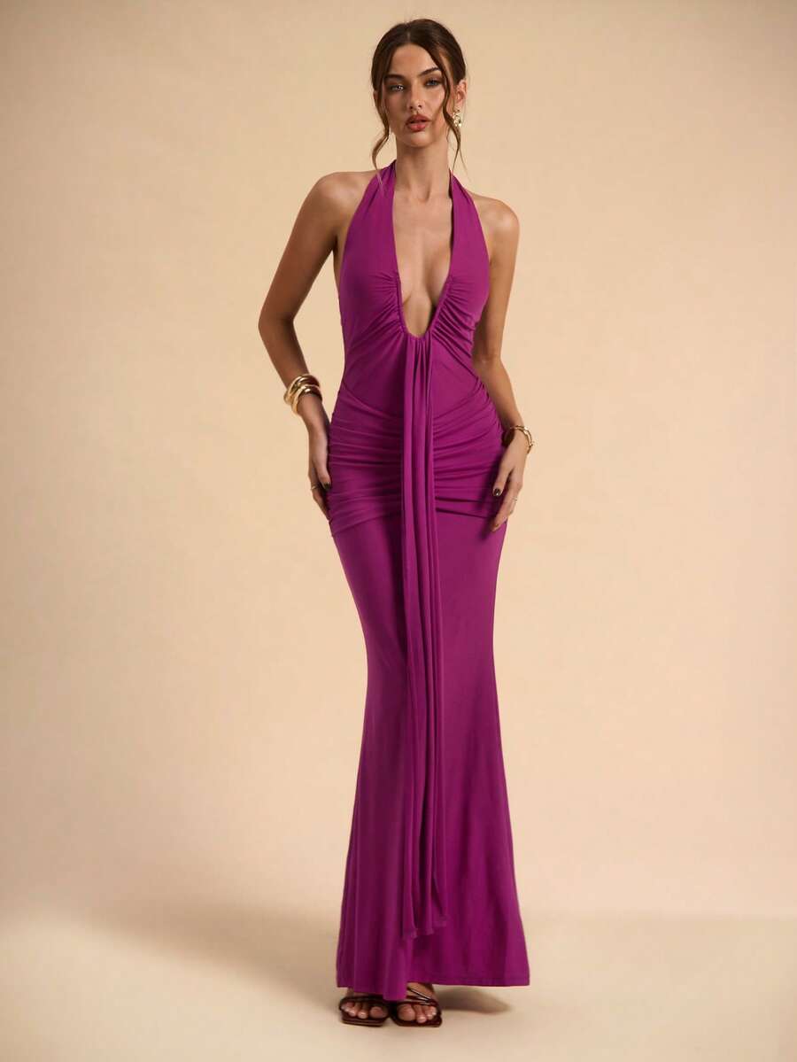 LUMÉA - Deep V Neck Halter Bodycon Maxi Dress