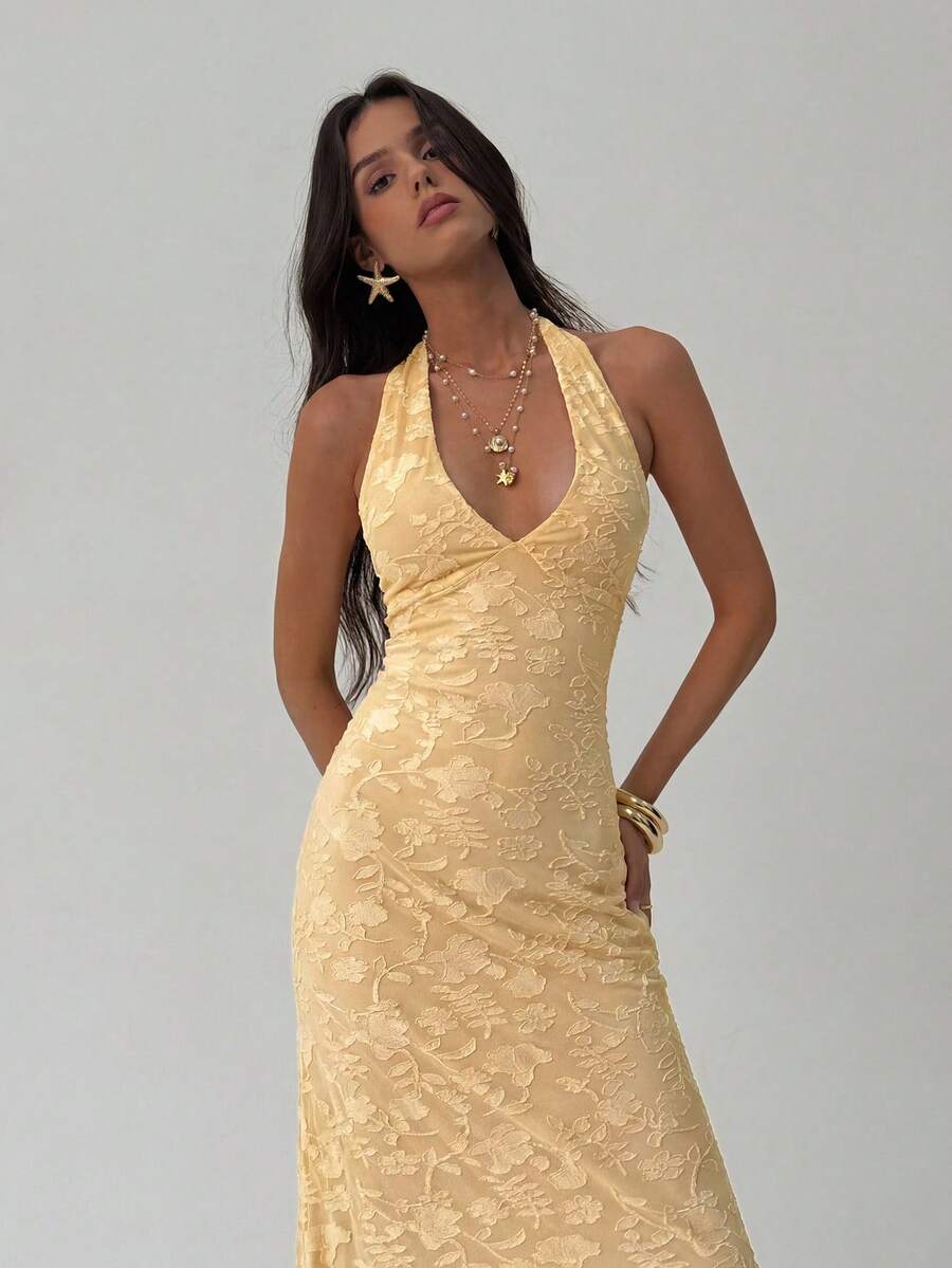 ROUGELLE - Halter Neck Backless Mermaid Maxi Dress Yellow