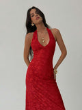 ROUGELLE - Halter Neck Backless Mermaid Maxi Dress Red