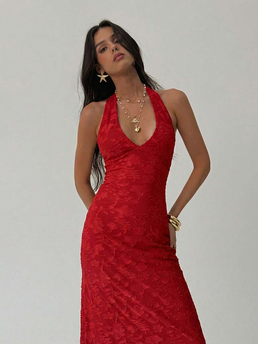 ROUGELLE - Halter Neck Backless Mermaid Maxi Dress Red