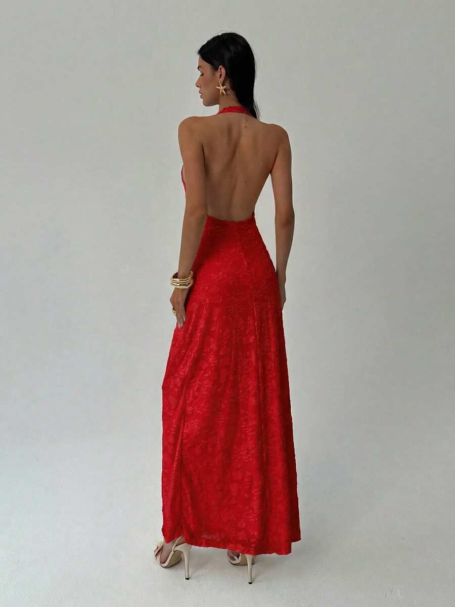 ROUGELLE - Halter Neck Backless Mermaid Maxi Dress