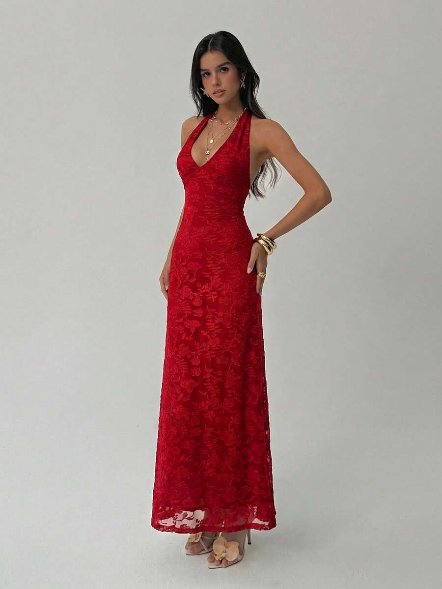 ROUGELLE - Halter Neck Backless Mermaid Maxi Dress