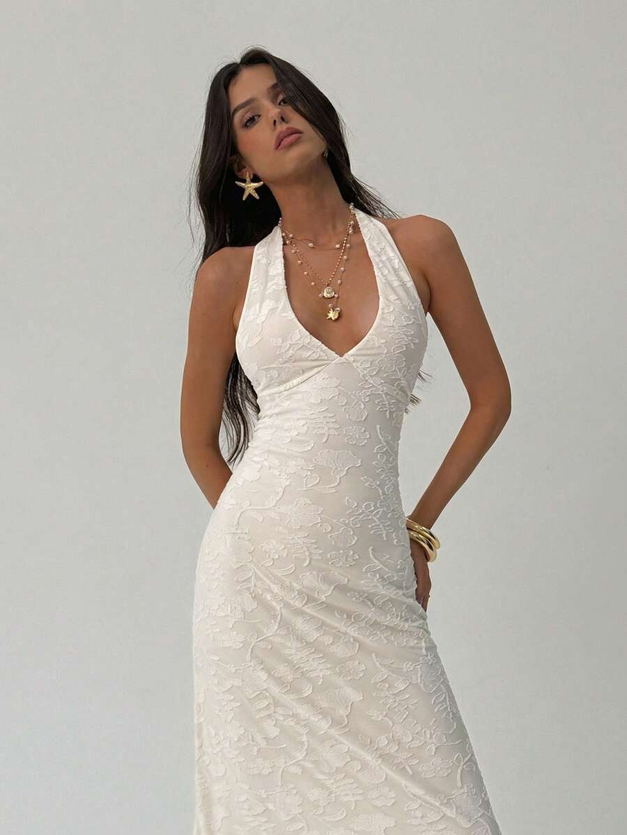 ROUGELLE - Halter Neck Backless Mermaid Maxi Dress Apricot