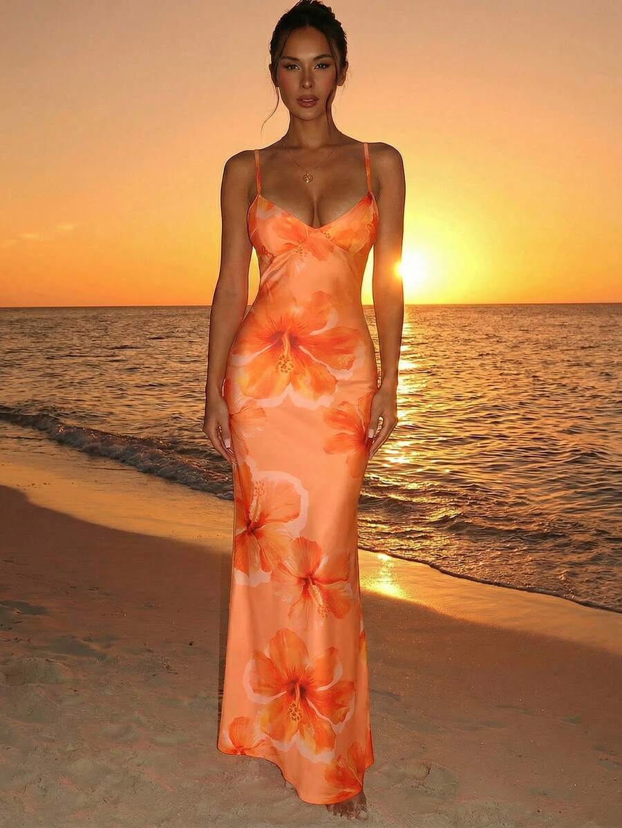 SOLARA - Floral Bodycon Maxi Dress Orange_2