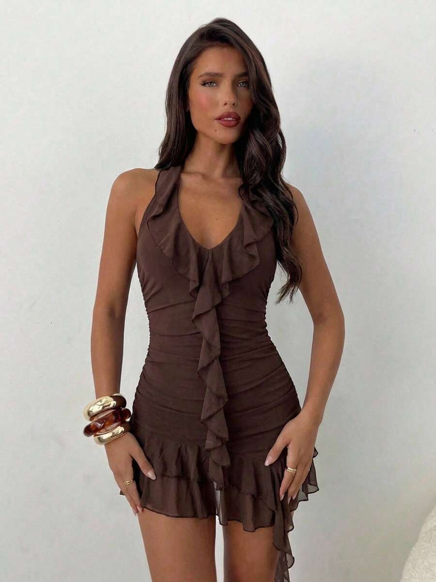 Rivelle - Halter Neck Ruffle Hem Mini Dress