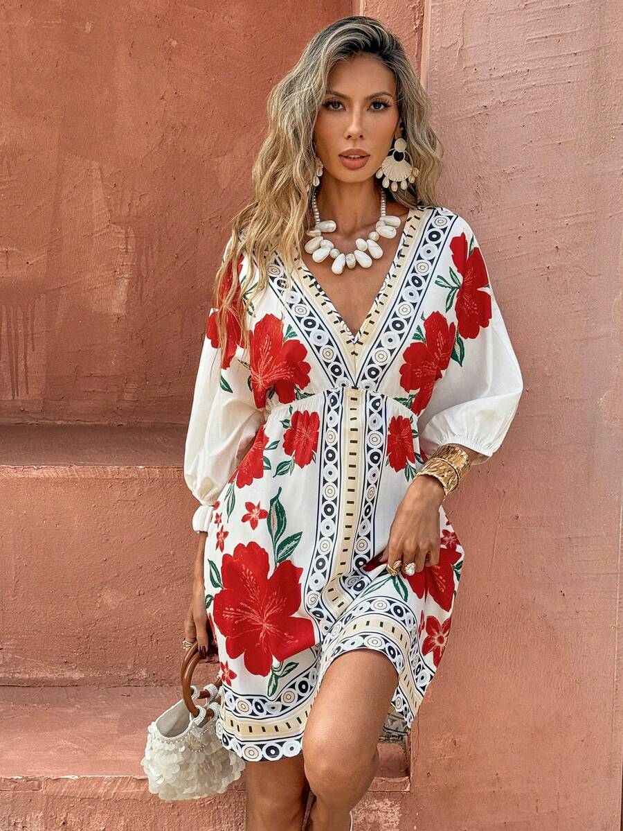 ISOLA – Boho Floral V-Neck Mini Dress