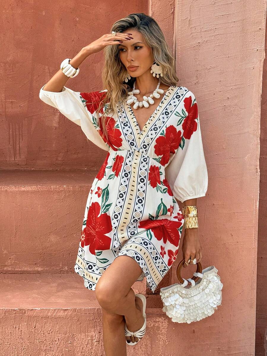ISOLA – Boho Floral V-Neck Mini Dress