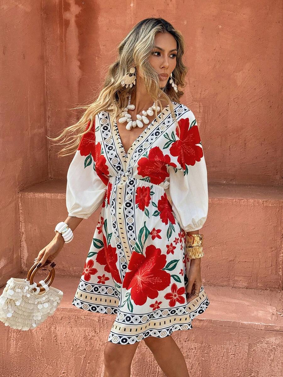 ISOLA – Boho Floral V-Neck Mini Dress