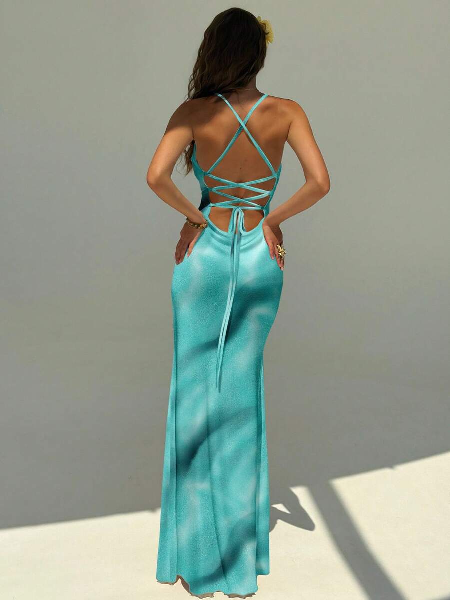 FLORINA - Floral Print Backless Cami Midi Dress Green