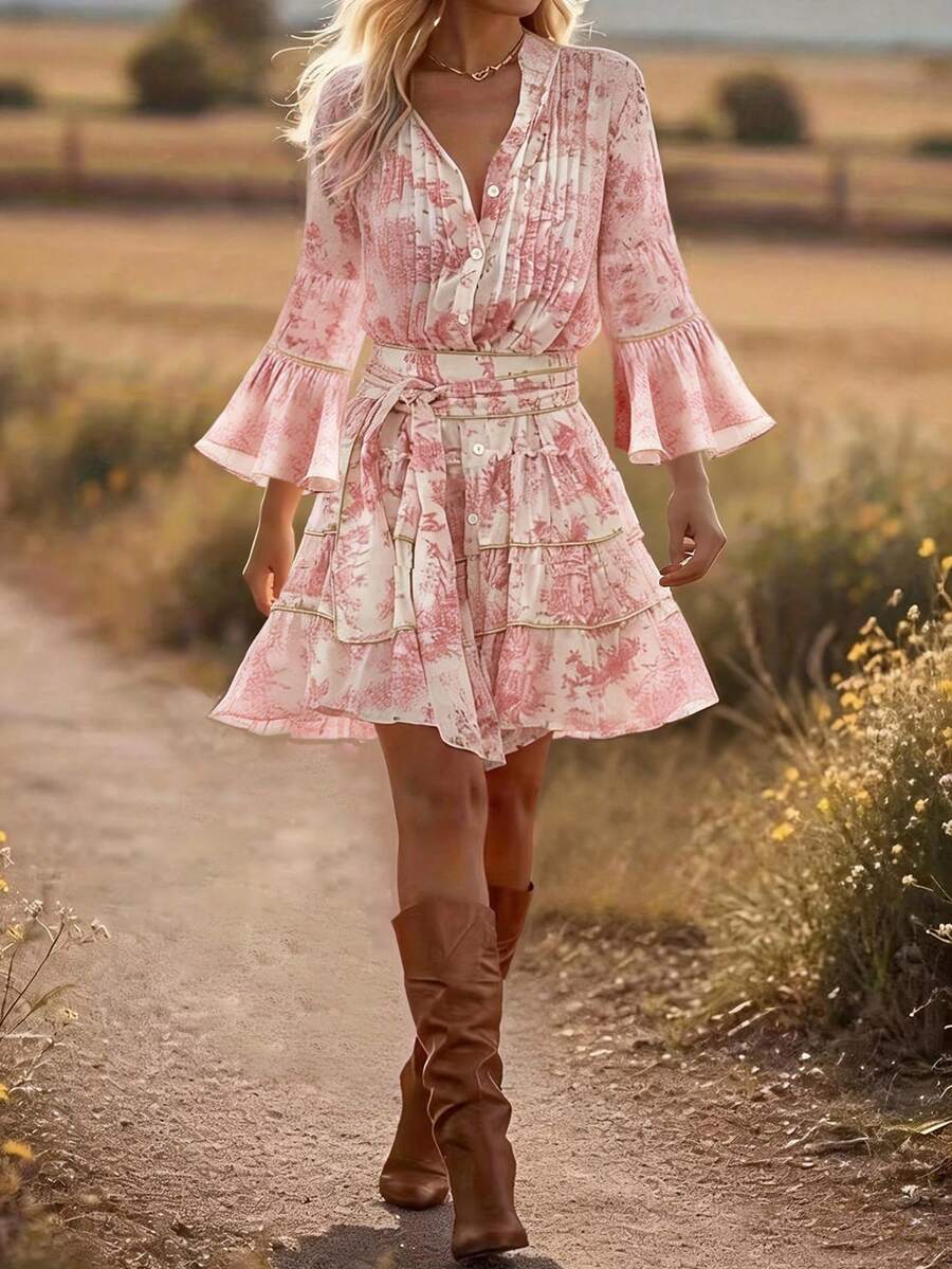 ROSELLE - Flare Sleeve Fit and Flare Mini Dress