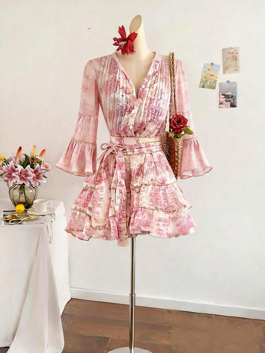 ROSELLE - Flare Sleeve Fit and Flare Mini Dress