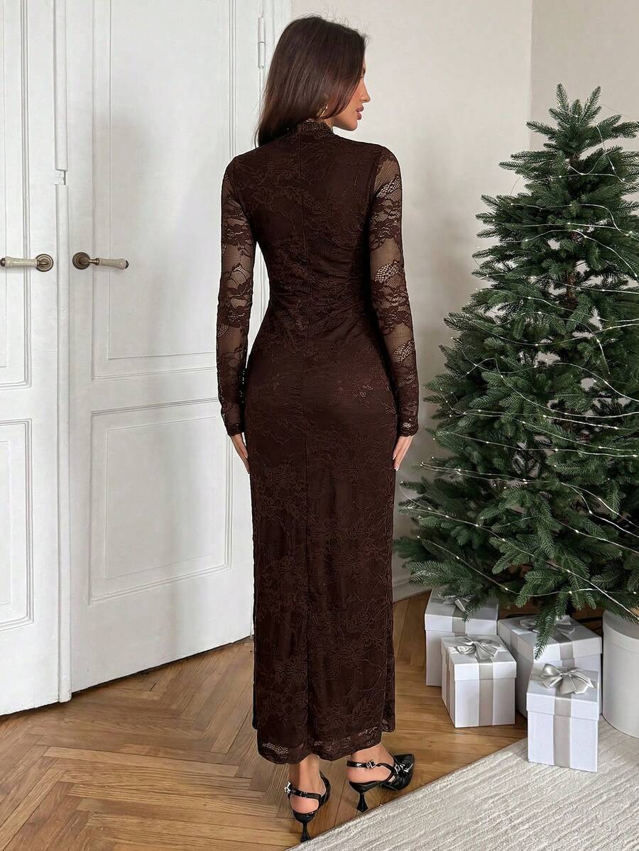 VELOURS - Long Sleeve Lace Bodycon Maxi Dress