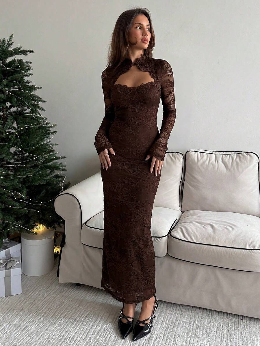 VELOURS - Long Sleeve Lace Bodycon Maxi Dress