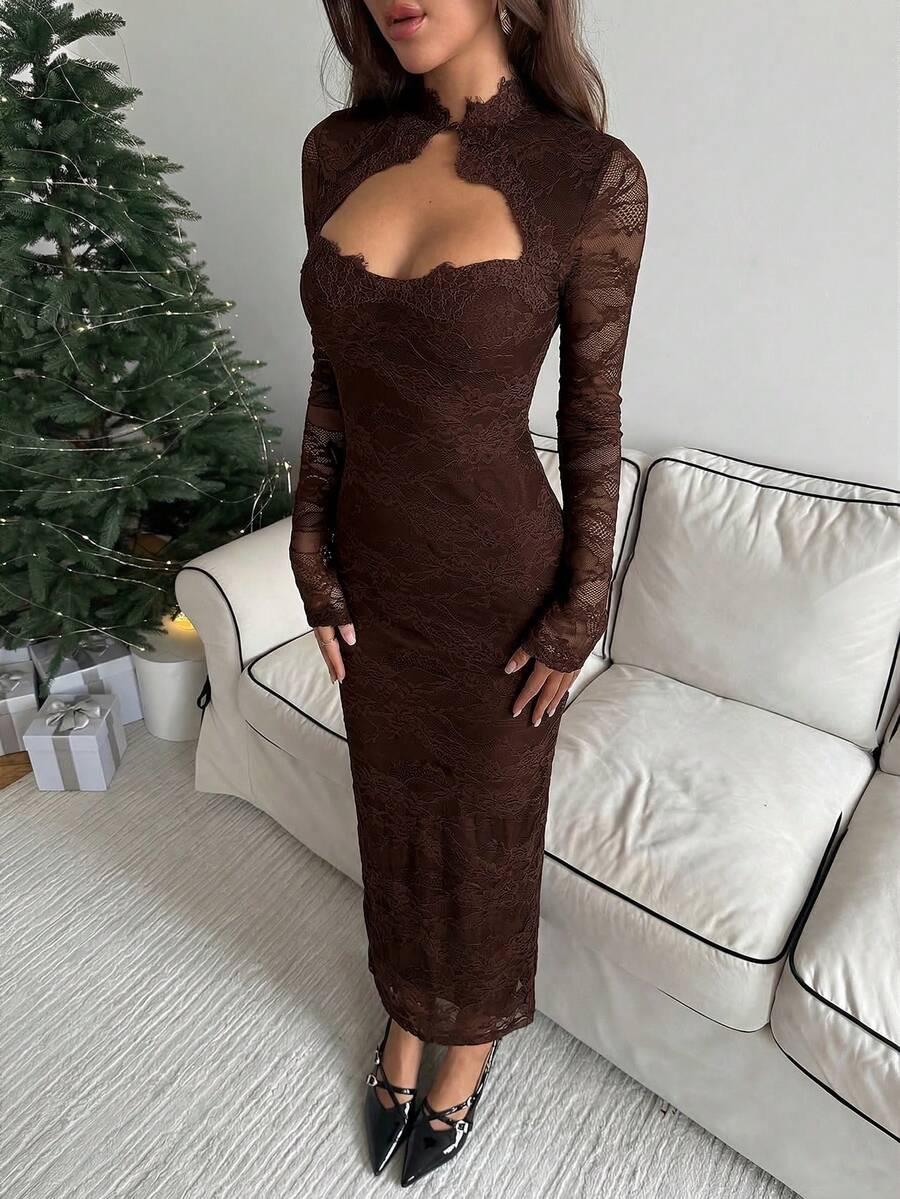 VELOURS - Long Sleeve Lace Bodycon Maxi Dress