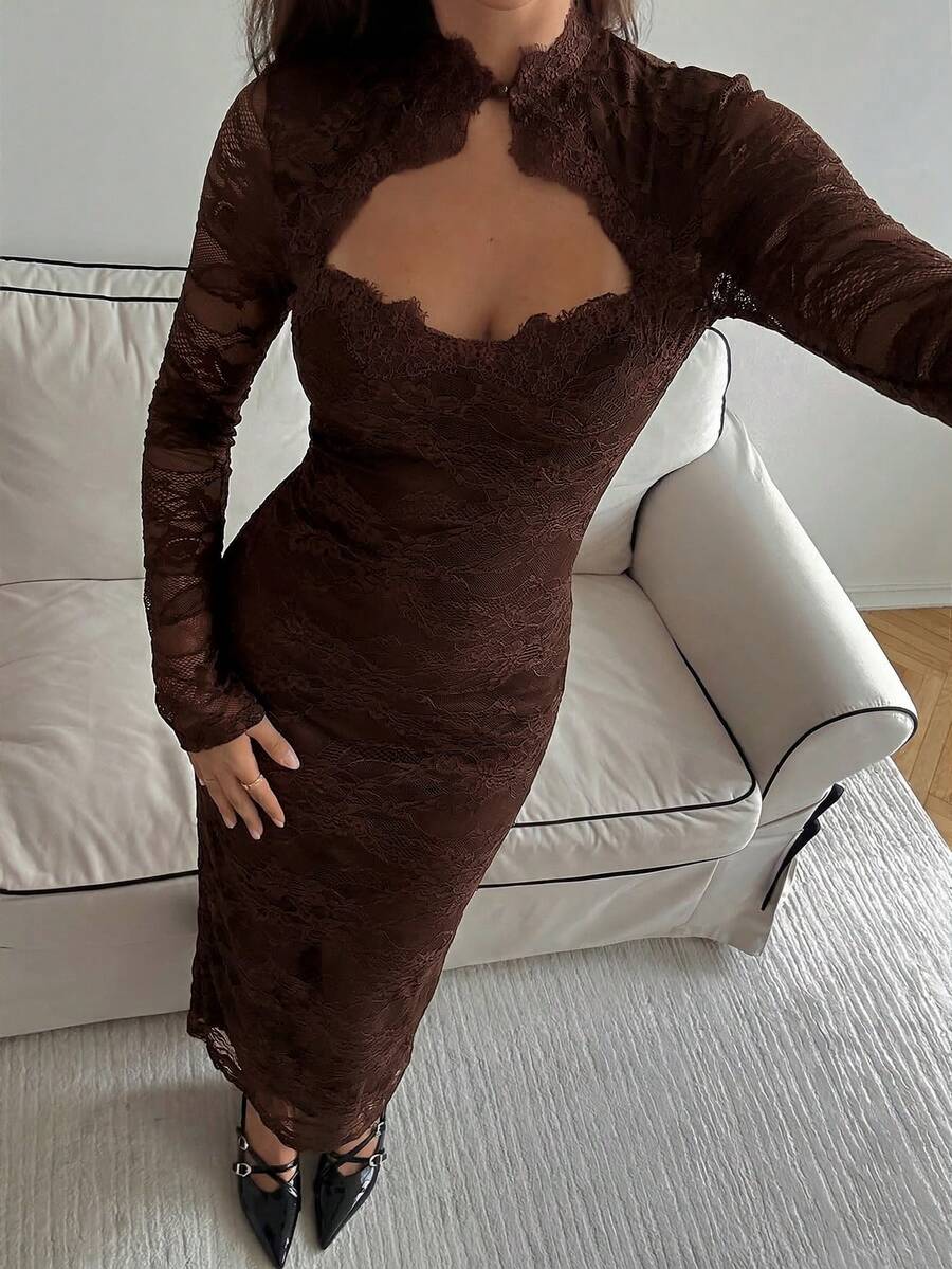 VELOURS - Long Sleeve Lace Bodycon Maxi Dress
