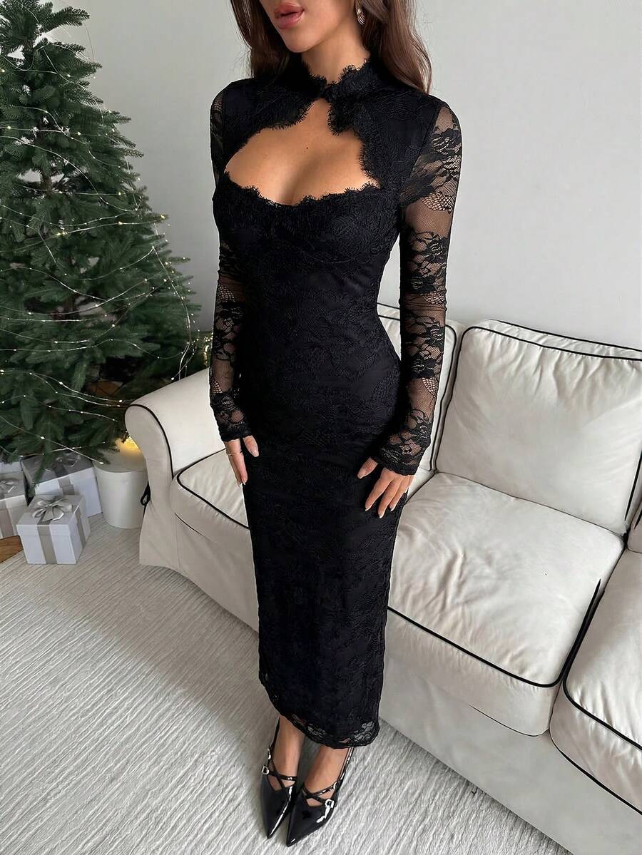 VELOURS - Long Sleeve Lace Bodycon Maxi Dress