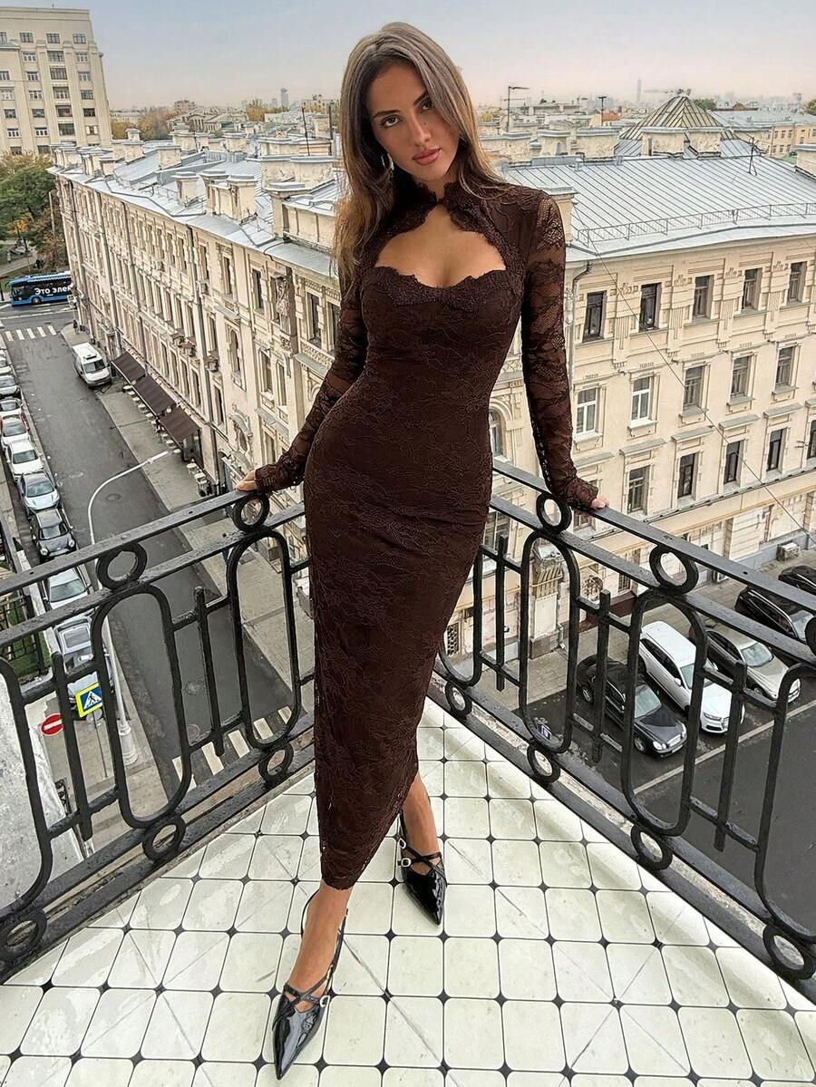 VELOURS - Long Sleeve Lace Bodycon Maxi Dress