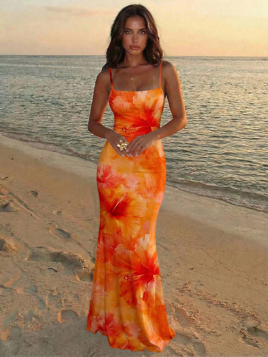 FLORINA - Floral Print Backless Cami Midi Dress Orange_1