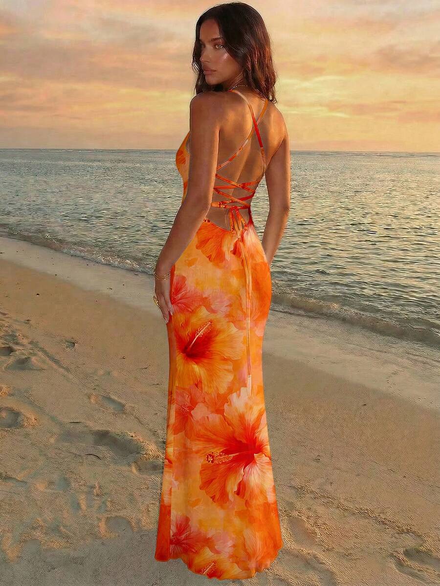 FLORINA - Floral Print Backless Cami Midi Dress