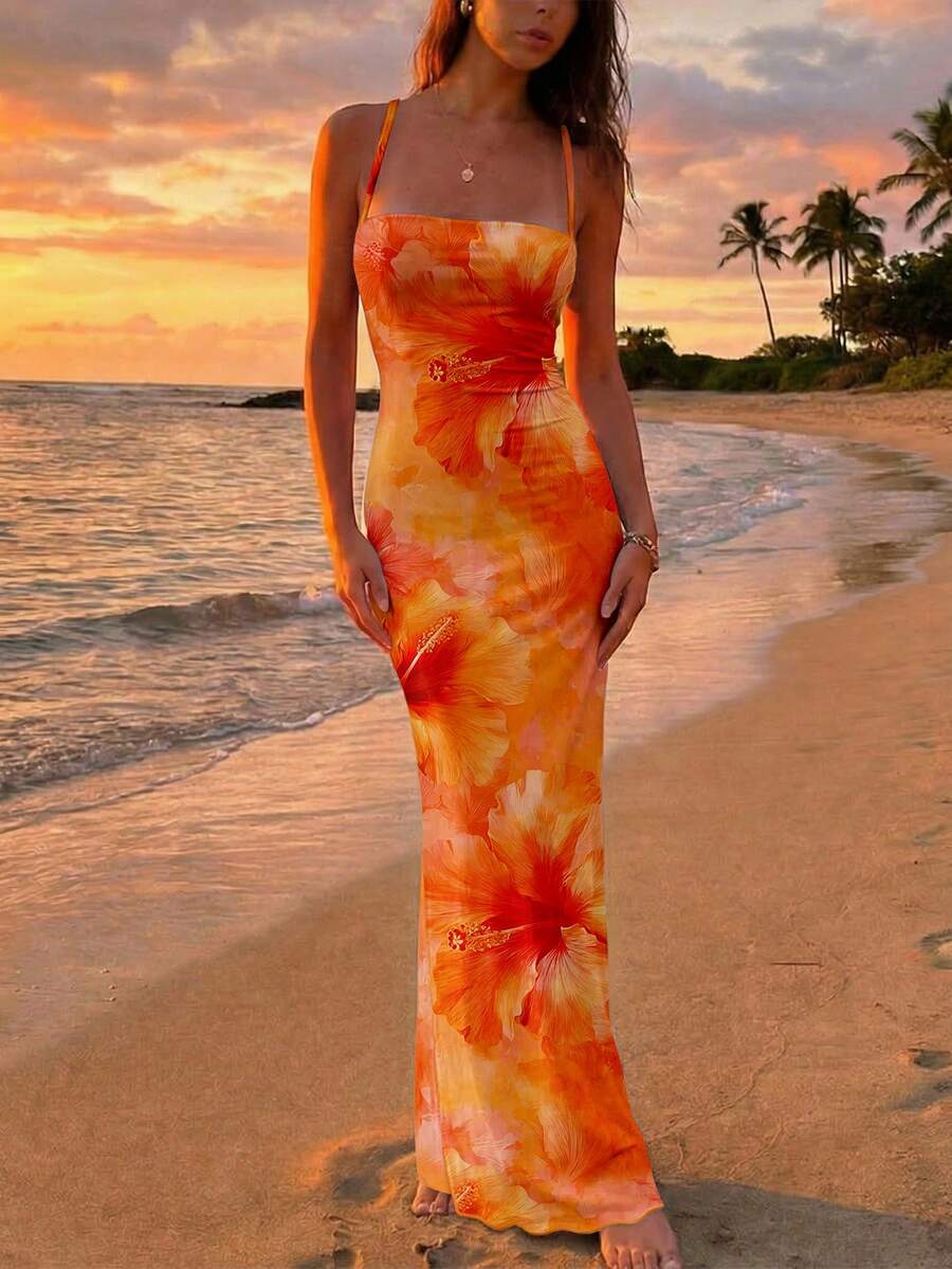 FLORINA - Floral Print Backless Cami Midi Dress