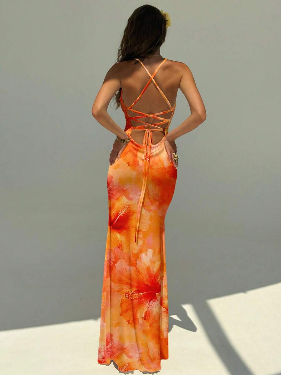 FLORINA - Floral Print Backless Cami Midi Dress