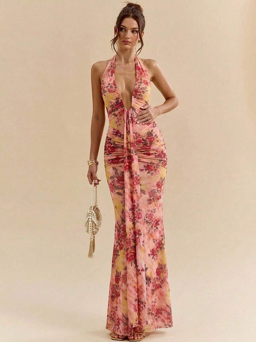 LUMÉA - Deep V Neck Halter Bodycon Maxi Dress