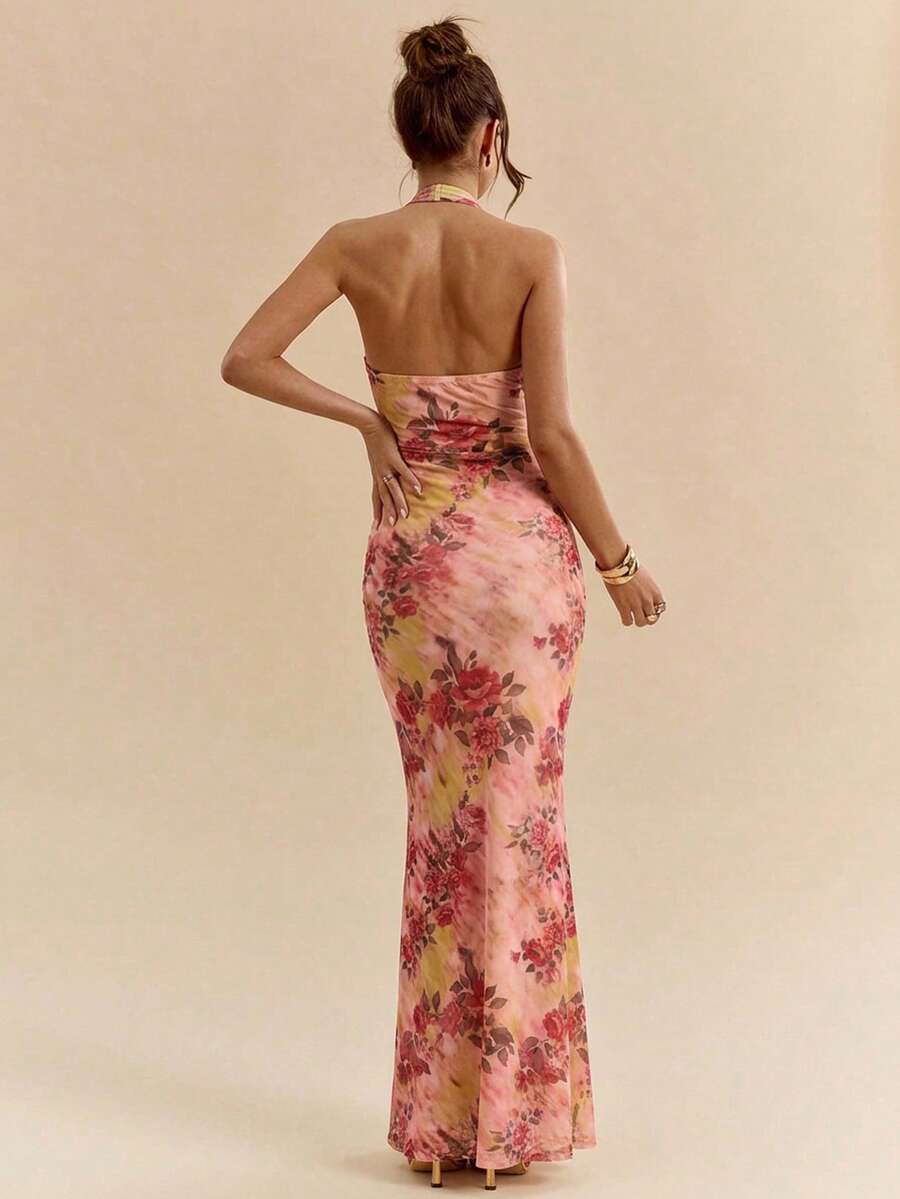 LUMÉA - Deep V Neck Halter Bodycon Maxi Dress