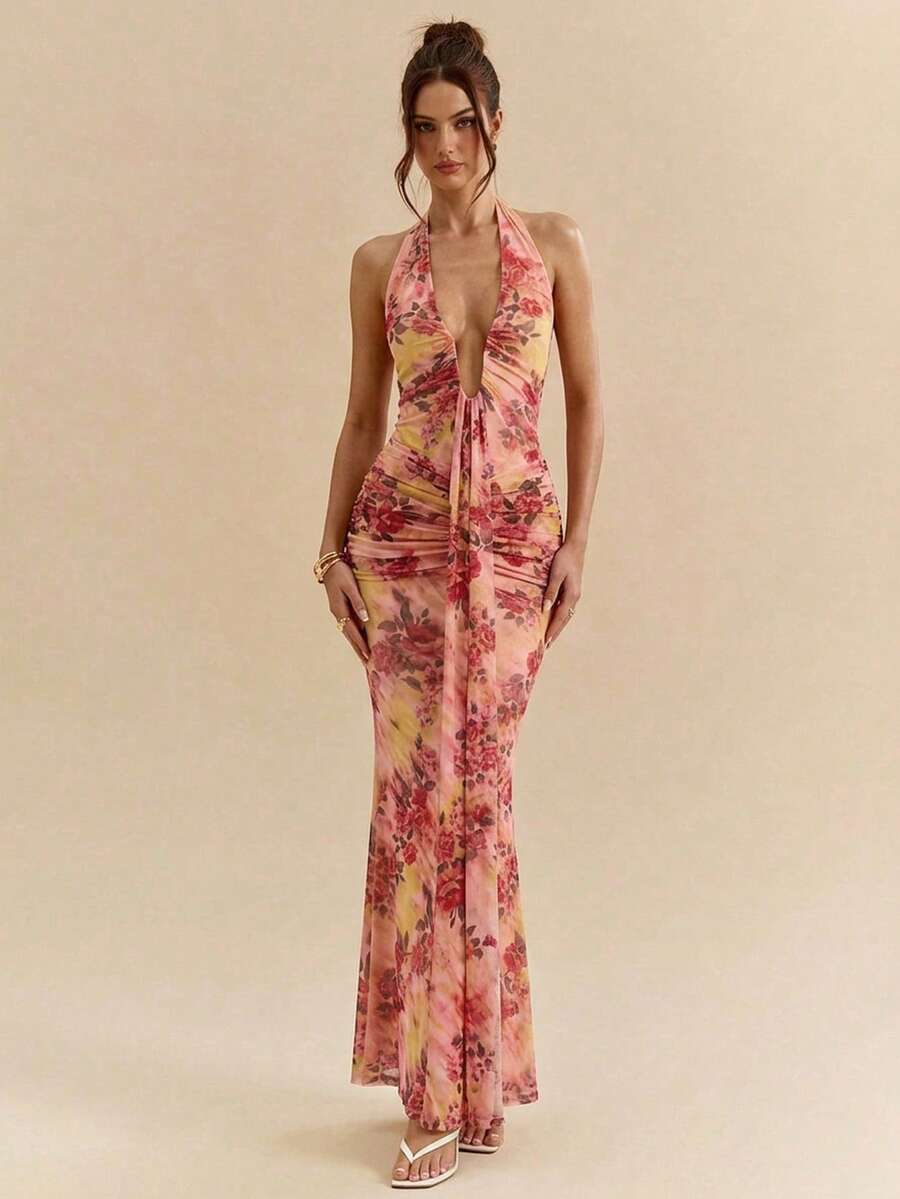 LUMÉA - Deep V Neck Halter Bodycon Maxi Dress
