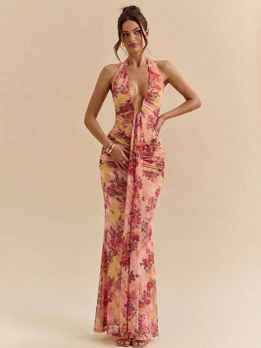 LUMÉA - Deep V Neck Halter Bodycon Maxi Dress
