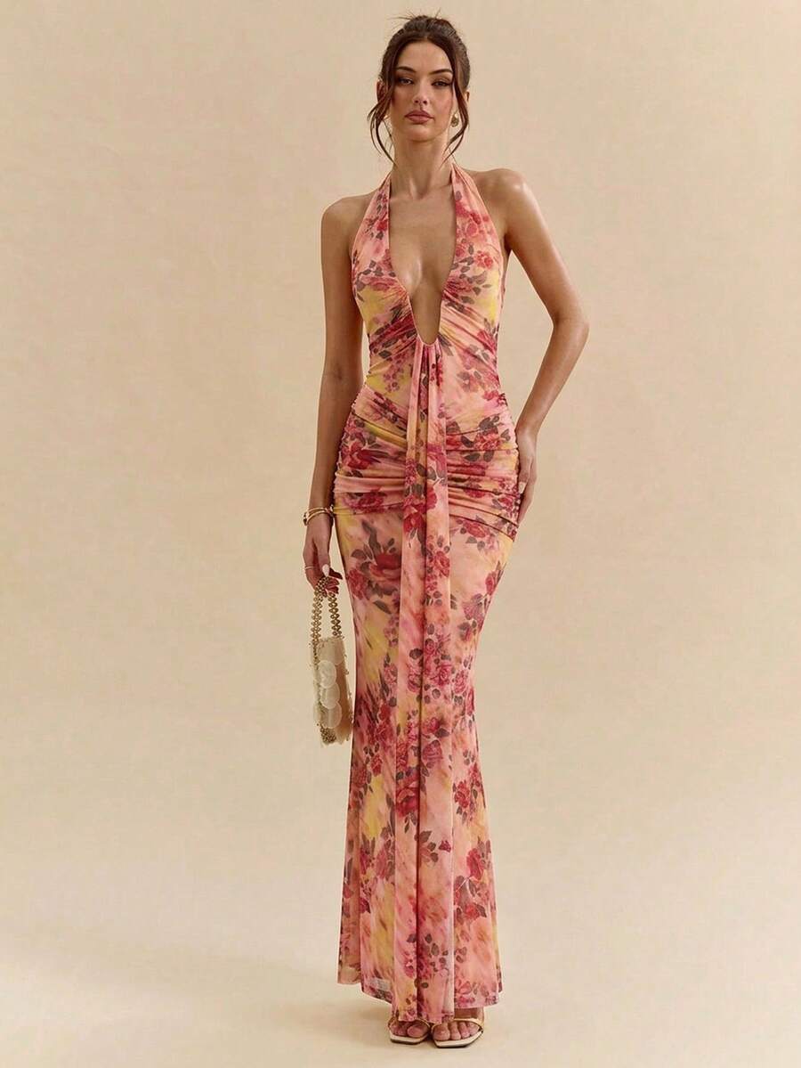 LUMÉA - Deep V Neck Halter Bodycon Maxi Dress