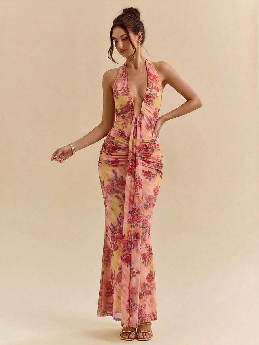 LUMÉA - Deep V Neck Halter Bodycon Maxi Dress