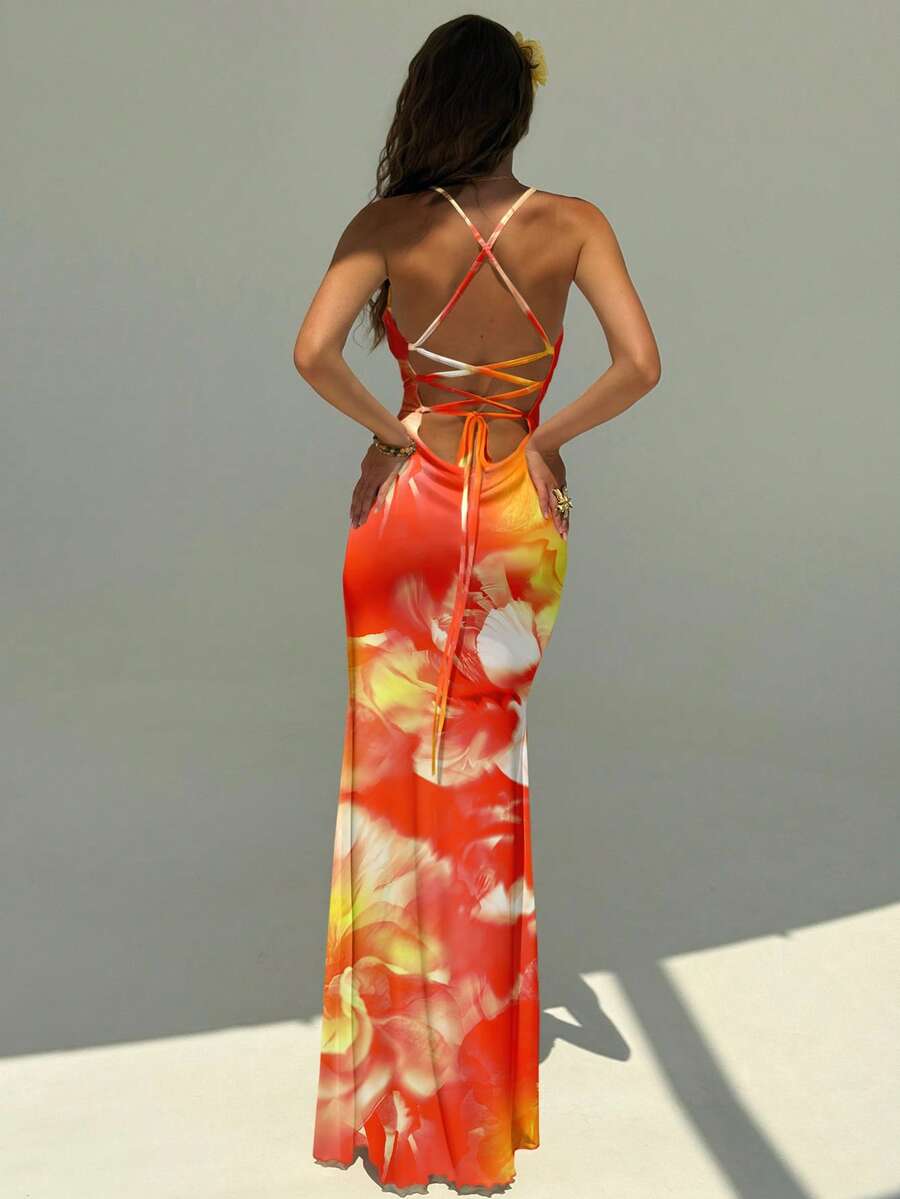 FLORINA - Floral Print Backless Cami Midi Dress
