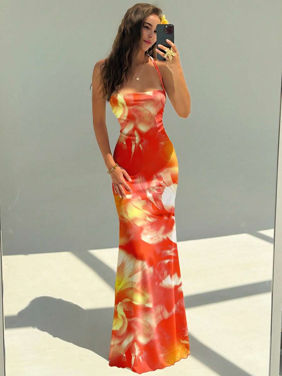 FLORINA - Floral Print Backless Cami Midi Dress