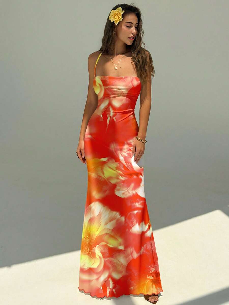 FLORINA - Floral Print Backless Cami Midi Dress