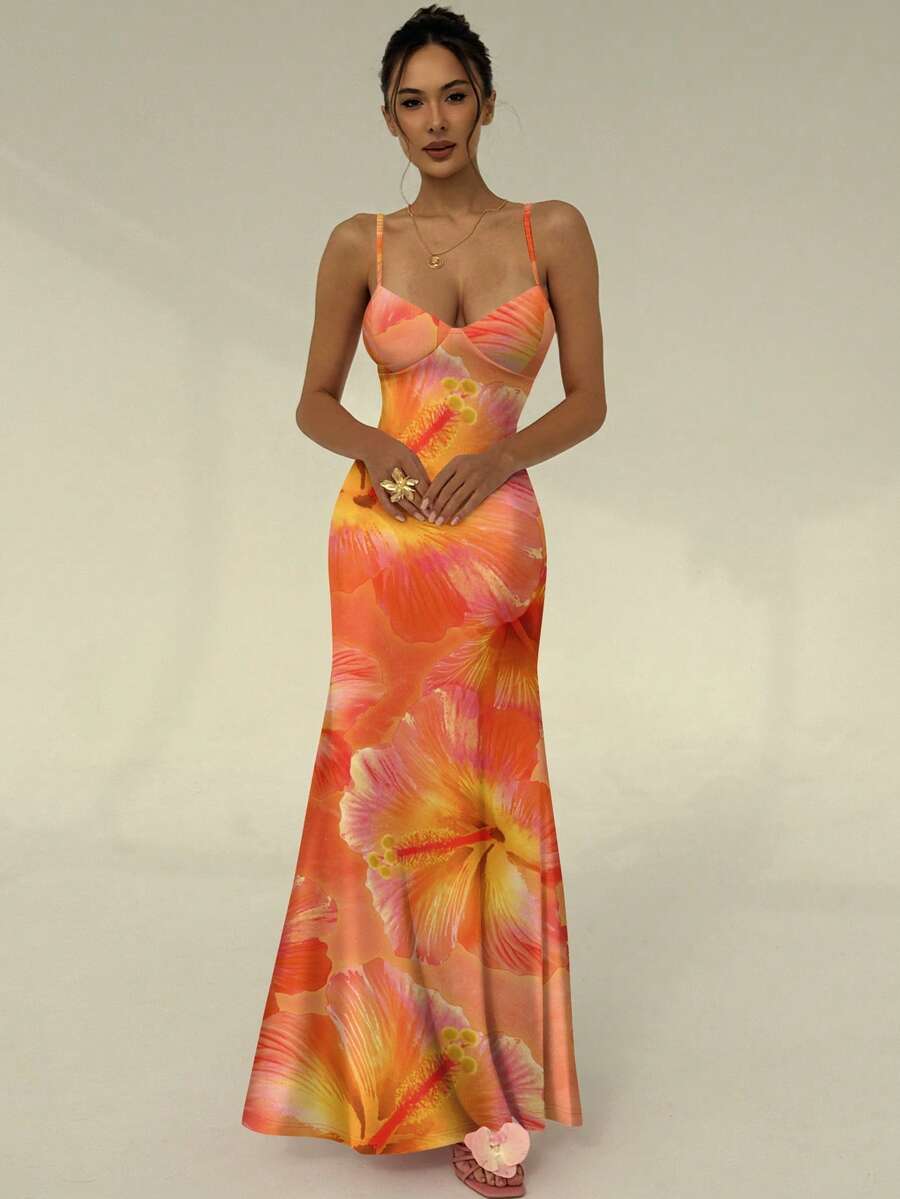 SUNFLARE – Tropical Print Bodycon Maxi Dress