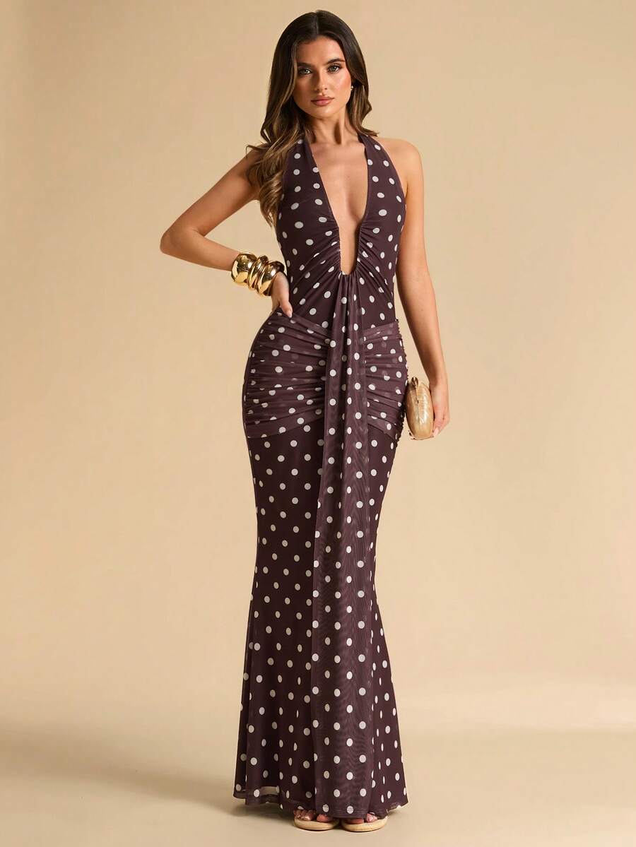 LUMÉA - Deep V Neck Halter Bodycon Maxi Dress Brown