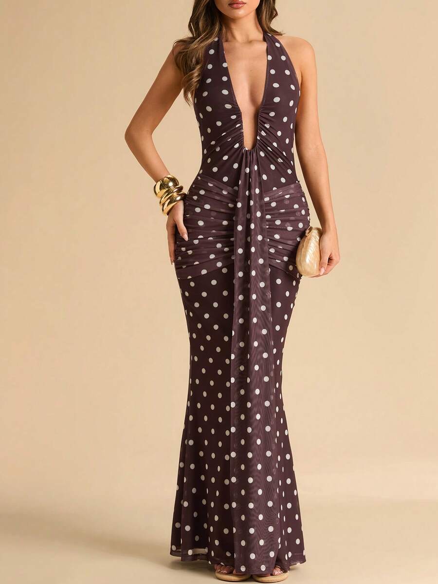 LUMÉA - Deep V Neck Halter Bodycon Maxi Dress