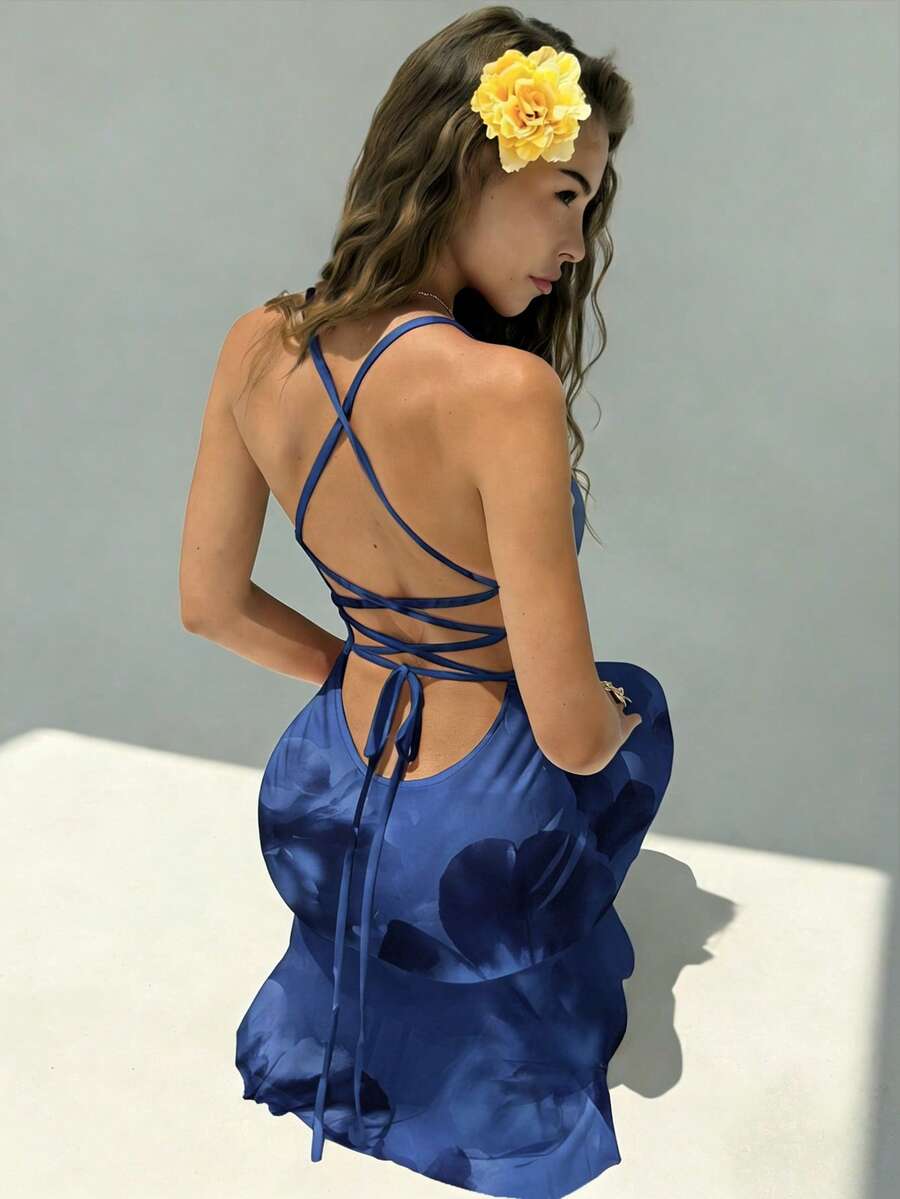 FLORINA - Floral Print Backless Cami Midi Dress