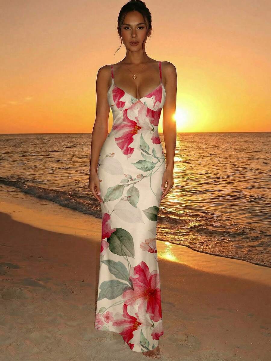SUNFLARE – Tropical Print Bodycon Maxi Dress