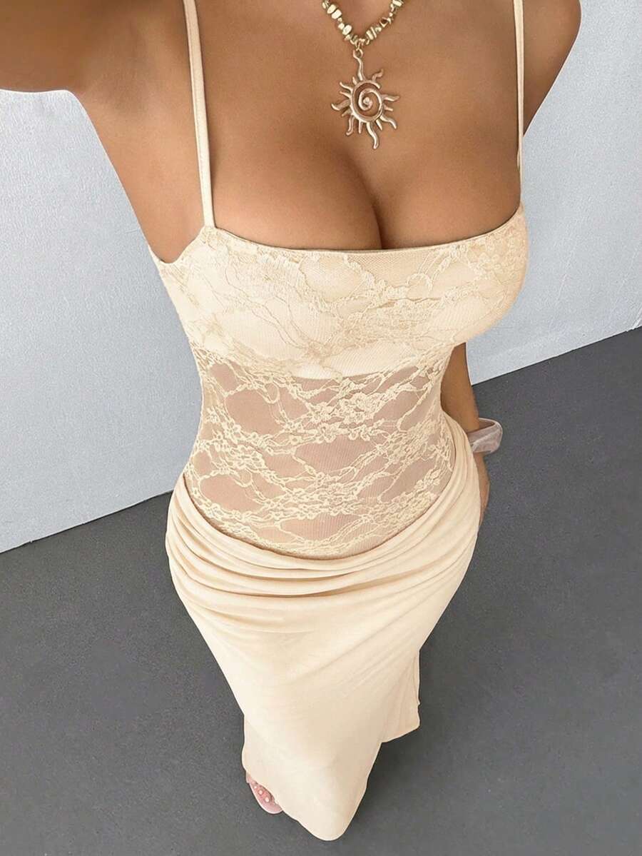 VALE -Lace Cami Bodycon Maxi Dress Apricot
