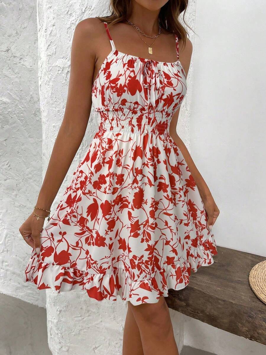 LUNIRA - Spaghetti Strap Flounce Hem Mini Dress