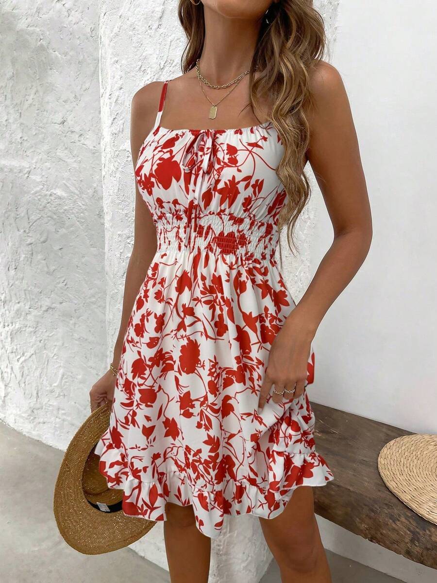 LUNIRA - Spaghetti Strap Flounce Hem Mini Dress