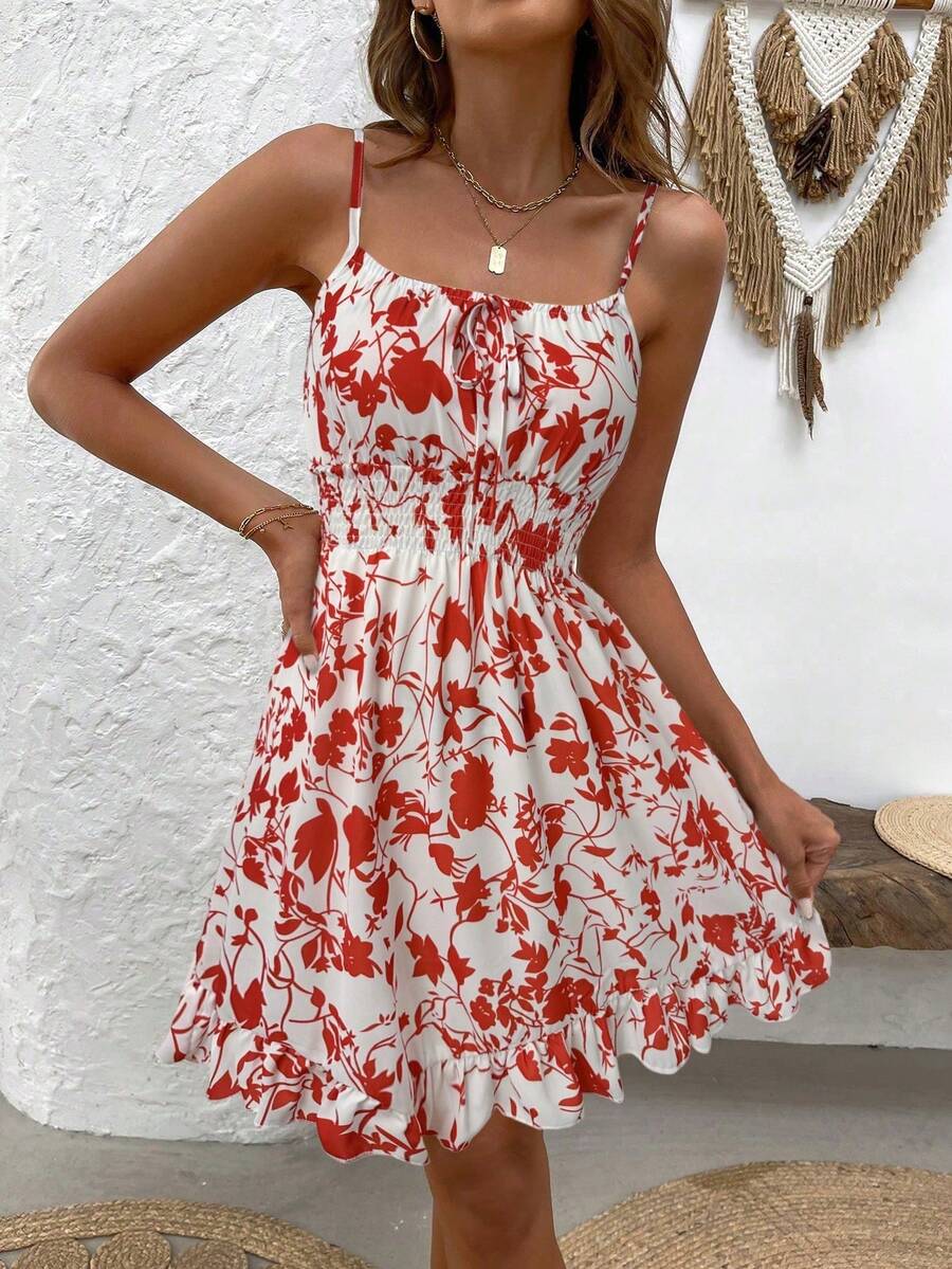 LUNIRA - Spaghetti Strap Flounce Hem Mini Dress