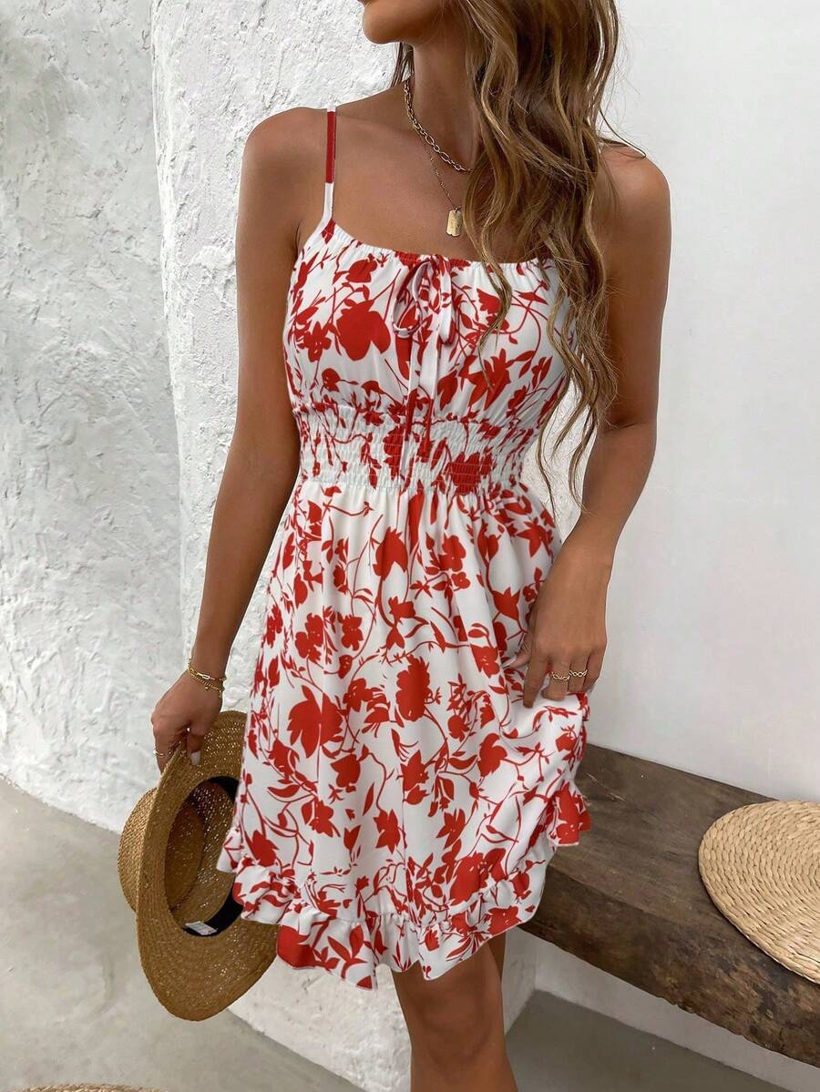 LUNIRA - Spaghetti Strap Flounce Hem Mini Dress