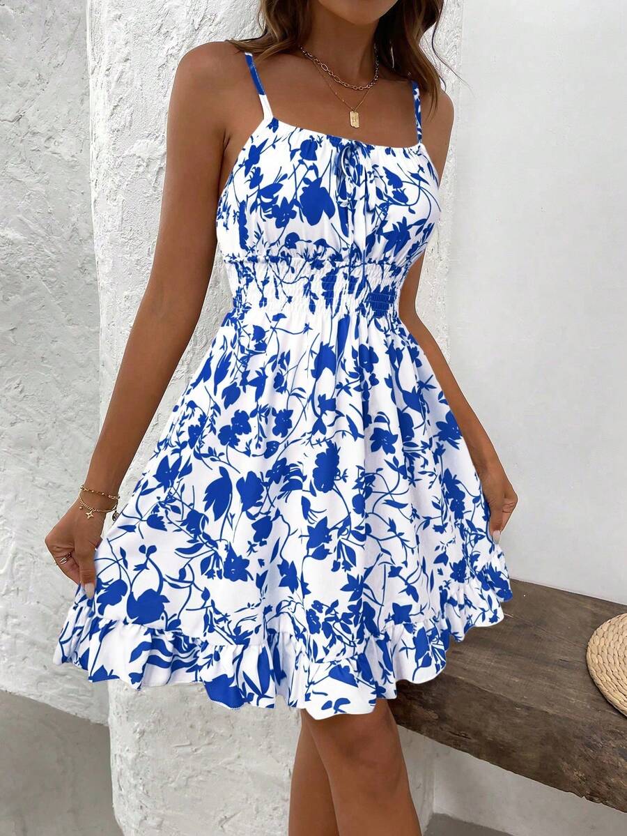 LUNIRA - Spaghetti Strap Flounce Hem Mini Dress