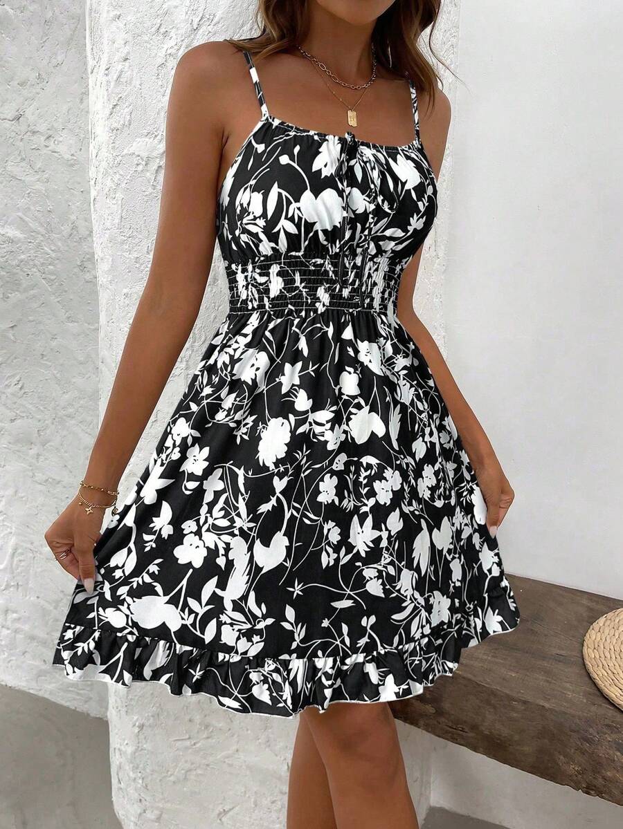 LUNIRA - Spaghetti Strap Flounce Hem Mini Dress