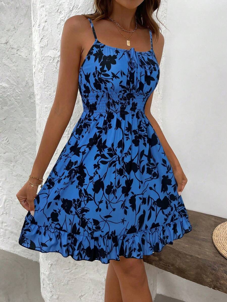 LUNIRA - Spaghetti Strap Flounce Hem Mini Dress