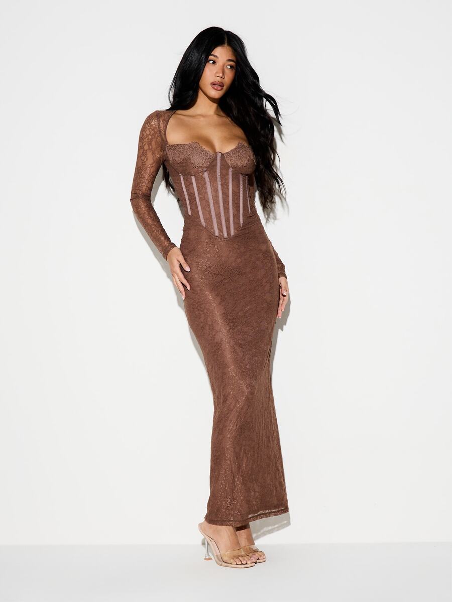 Suéda – Corset Bodycon Maxi Dress Brown