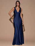VELOURA - Backless Deep V-Neck Mermaid Maxi Dress Navy Blue