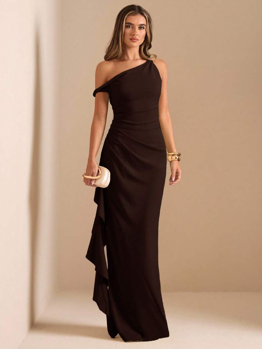 ROUELLE - One Shoulder Ruched Maxi Dress Coffee Brown